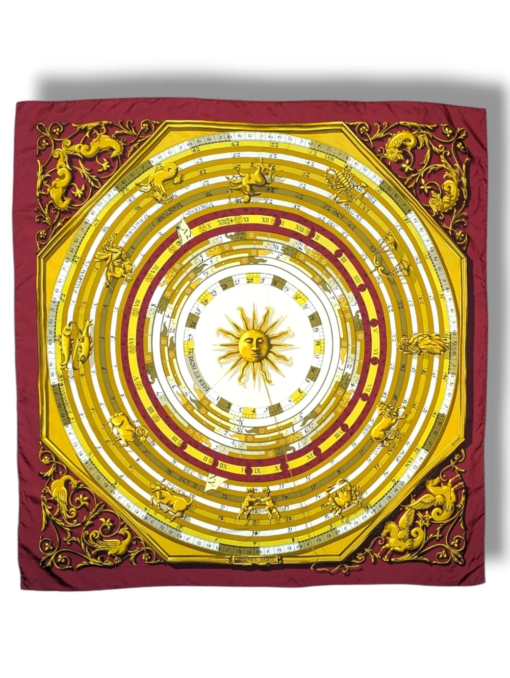 Hermēs Astrologie Dies et Hore Carre 90 Silk Maroon Gold Scarf 87x87 cm With Box